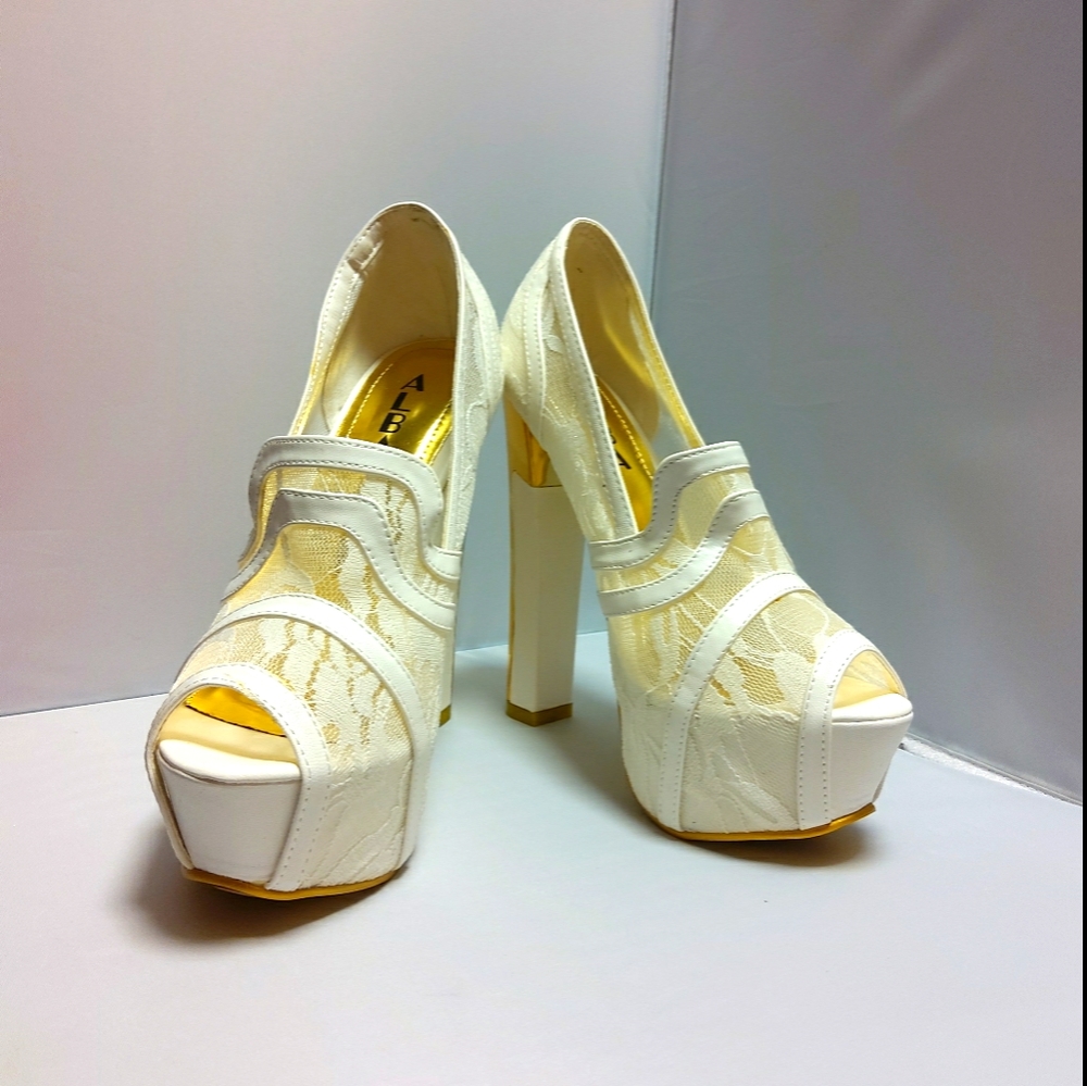 White lace heels gold trim